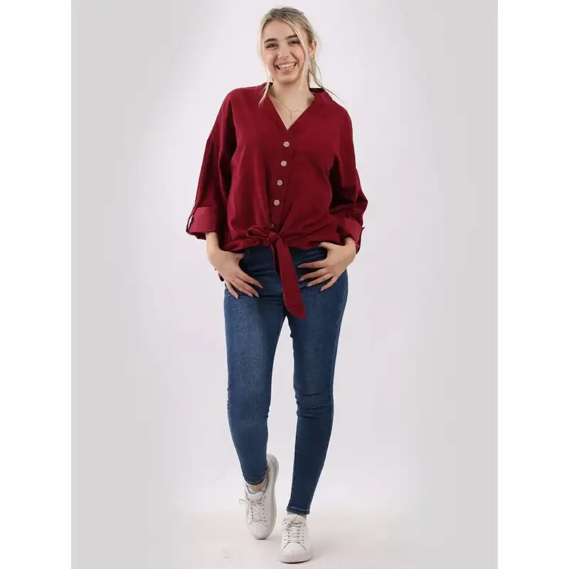 Plain Cotton Corduroy Twisted Hem Knot Ladies Shirt