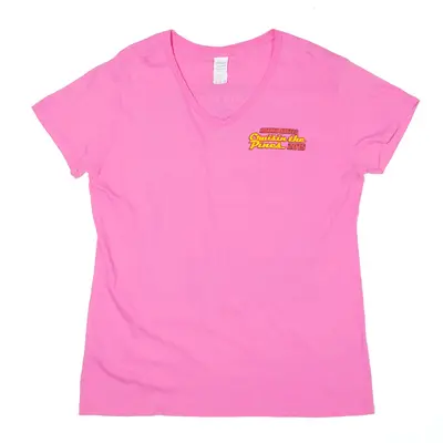 GILDAN Roamin' Angels Car Show 2015 T-Shirt Pink V-Neck Short Sleeve Womens XL
