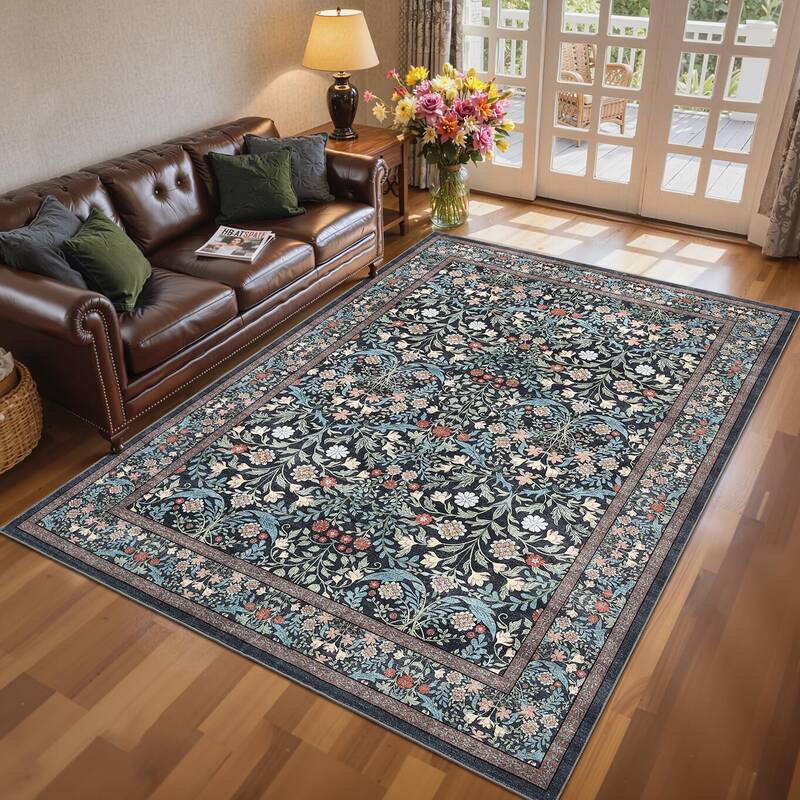 Garvee 8x10 Floral Area Rug Non-Slip Washable Soft Low-Pile Carpet Durable Stain-Resistant Indoor Living Room Bedroom