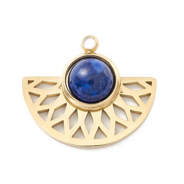 Ion Plating(IP) 304 Stainless Steel Pendants with Synthetic Lapis Lazuli Cabochon