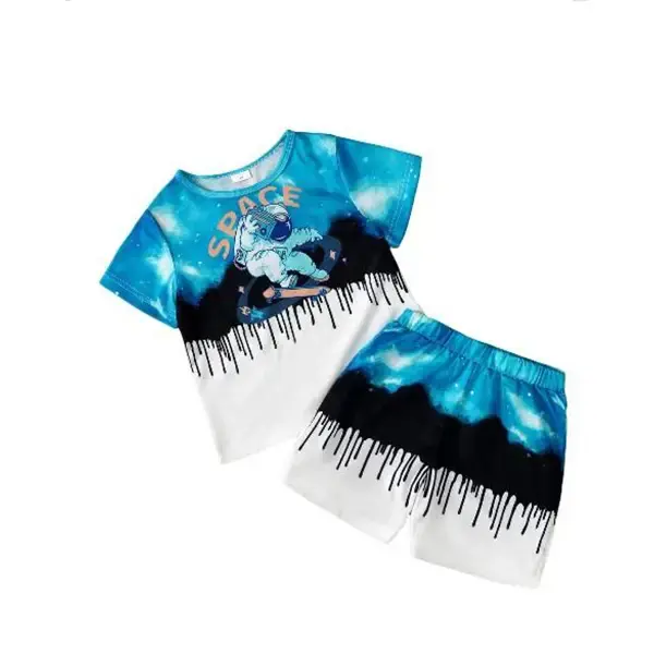 Boy's fashion letter astronaut printed short-sleeved round neck T-shirt with elastic waist sky printed casual pants set boysc...