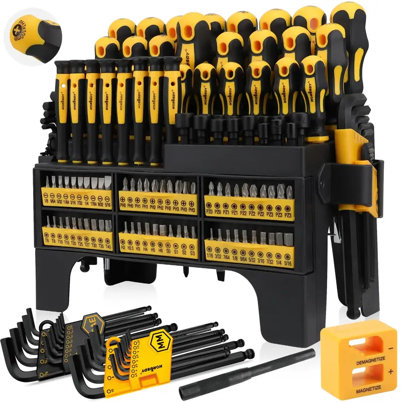 HORUSDY 140-Piece Magnetic Screwdriver Set with Plastic Racking, Includes SAE & Metric Hex Keys, Precision Screwdriver and Ma...