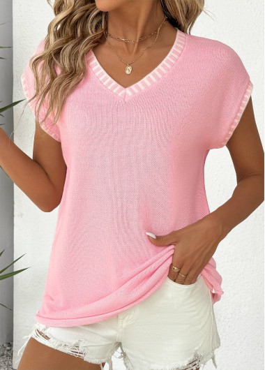 Modlily Pink Short Sleeve V Neck T Shirt - L