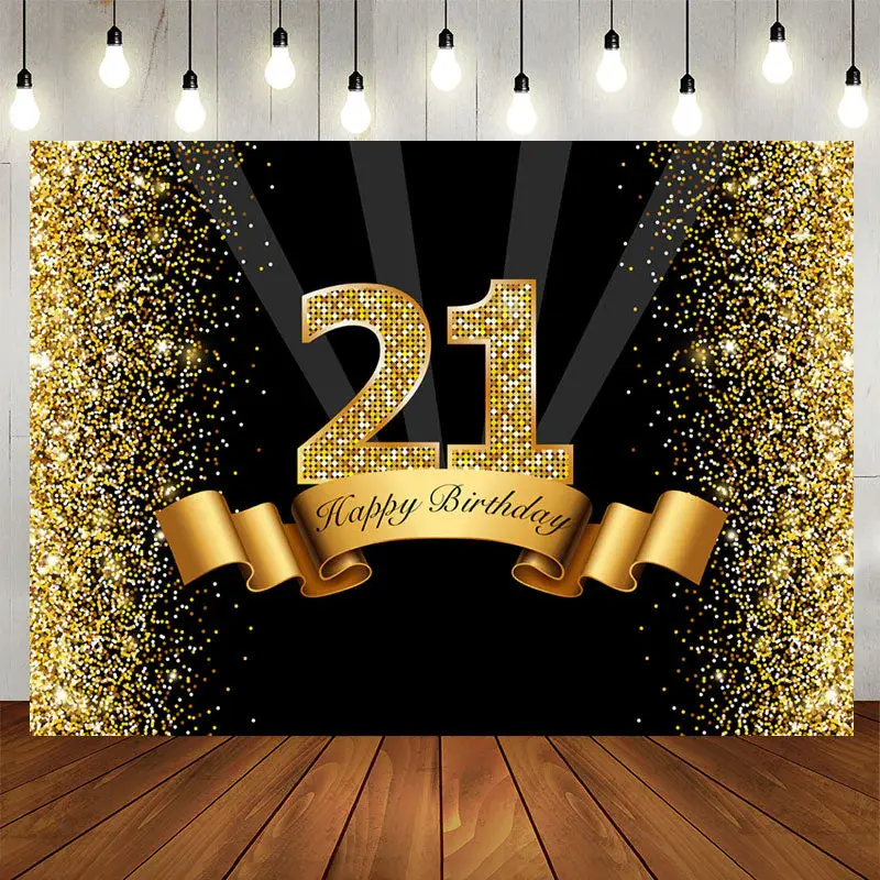 Aperturee Black and Golden Bokeh 21Th Birthday Backdrop