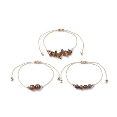 3Pcs 3 Style Natural Tiger Eye Braided Bead Bracelets Set