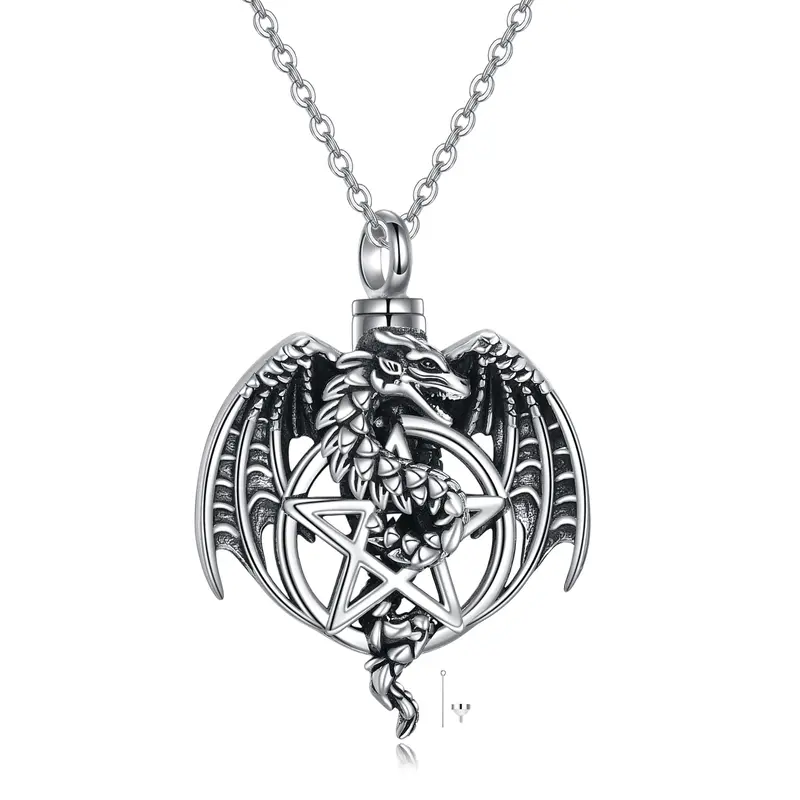 Sterling Silver Dragon & Pentagram Urn Necklace for Ashes