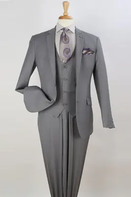 Light Grey Slim Fit Two Button Men's Suit with Scoop Vest