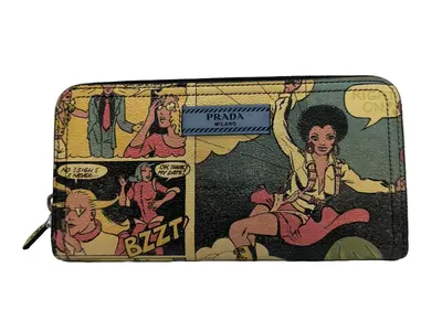 Pre-owned PRADA Leather Small Leather Goods Comic Print Zip Around Multicolor Rare Wallet