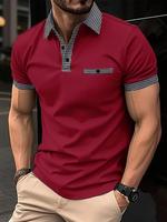 Men's Houndstooth Print Contrast Binding Polo Shirt, Regular Fit Casual Short Sleeve Button Front Top for Summer, Men's Cloth...