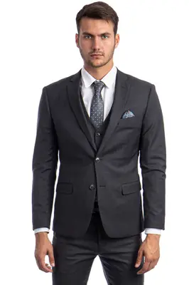 Charcoal Grey Slim Fit Men's Suit - Two Button Vested Solid Basic