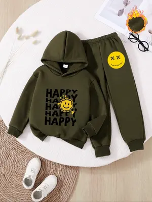 Boys' Fashion Casual Fall Winter Hoodie Set, Thick Warm Fleece Lined Sweatshirt & Pants, Trendy Smiley Face Print, Comfortabl...