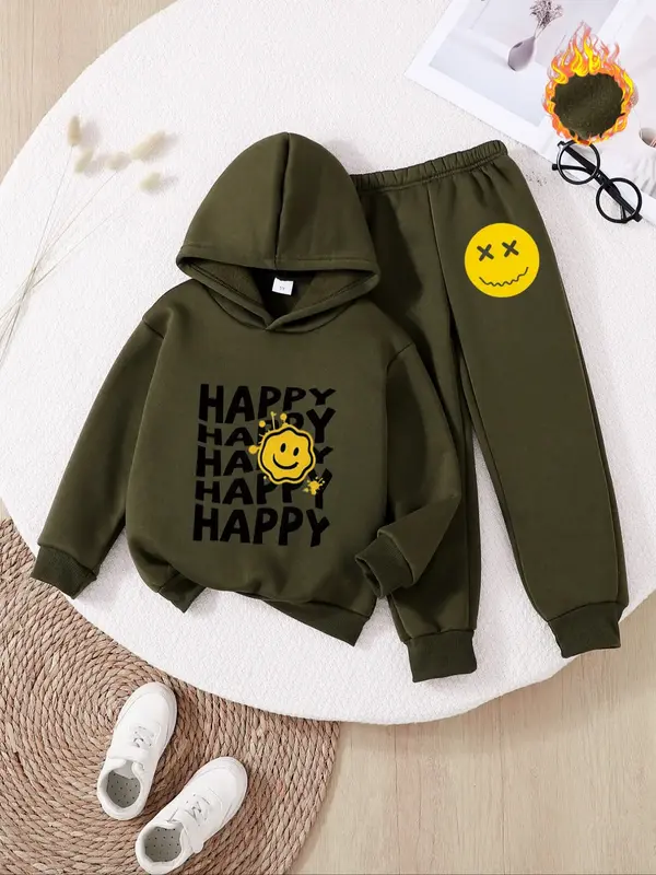 Boys' Fashion Casual Fall Winter Hoodie Set, Thick Warm Fleece Lined Sweatshirt & Pants, Trendy Smiley Face Print, Comfortabl...