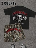 Men's Letter Print Tee & Camo Print Shorts Loungewear Two-Piece Set, Regular Fit Casual Comfy Round Neck Short Sleeve T-Shirt...