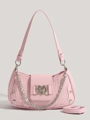 Women's Y2KĀ Chain & Heart Decor Shoulder Bag, Simple Plain Baguette Bag for Daily, Trendy Versatile High-quality Daily Bag f...