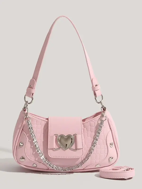 Women's Y2K Chain & Heart Decor Shoulder Bag, Simple Plain Baguette Bag for Daily, Trendy Versatile High-quality Daily Bag f...