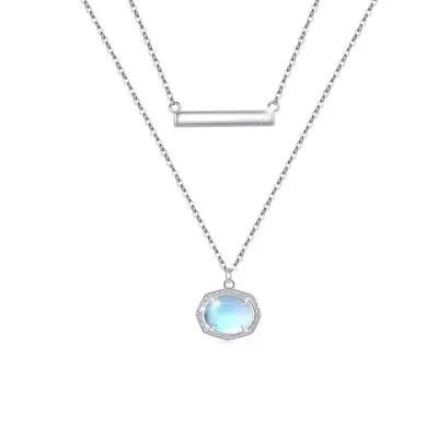 Sterling Silver Moonstone Bar & Oval Shaped Layered Necklace