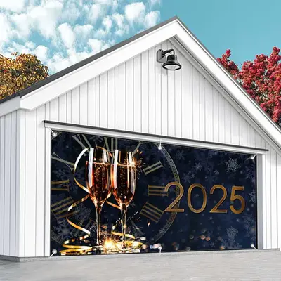 Aperturee Navy Clock Champagne 2025 New Year Garage Door Banner