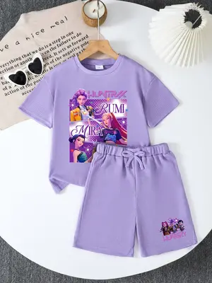 CrevNeck Teen Girls Kpop Demon Hunters Tiger Outfit Purple Graphic Print Short Sleeve T-Shirt & Shorts Set for Spring Summer ...