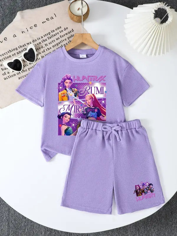 CrevNeck Teen Girls Kpop Demon Hunters Tiger Outfit Purple Graphic Print Short Sleeve T-Shirt & Shorts Set for Spring Summer ...