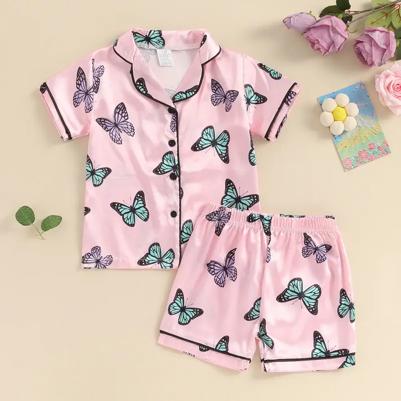 Girls Summer 2PCS Pajama Sets Short Sleeve Lapel Shirt Butterfly Print Pants Sleepwear