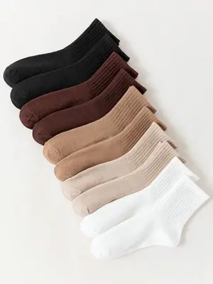 Women's 10 Pairs Minimalist Solid Crew Socks, Fashion Casual Cozy Breathable Mid-calf Socks for Daily Outdoor Wear, Basic Wom...