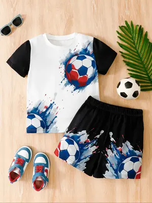 Two-Piece Set Toddler Boy's Soccer Print Short Sleeve Tee & Shorts, Casual Round Neck T-shirt & Shorts for Daily Wear, Kids S...