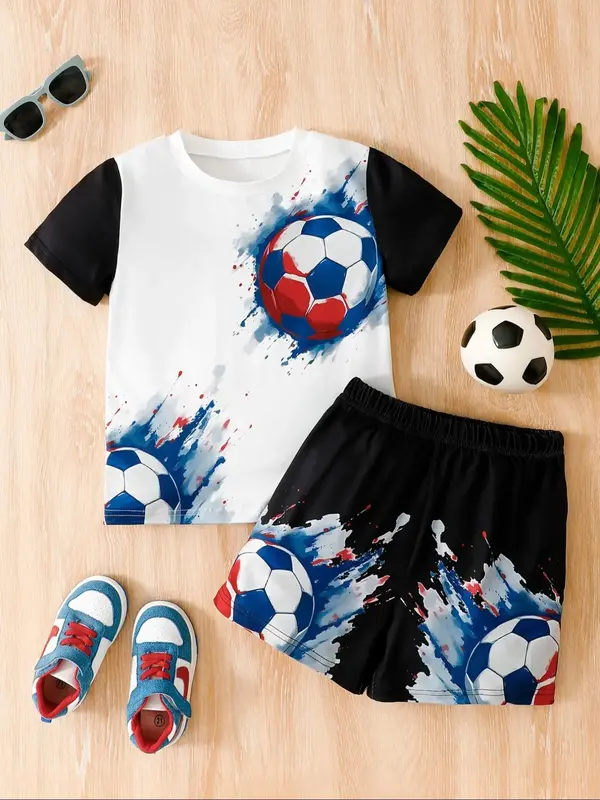 Two-Piece Set Toddler Boy's Soccer Print Short Sleeve Tee & Shorts, Casual Round Neck T-shirt & Shorts for Daily Wear, Kids S...