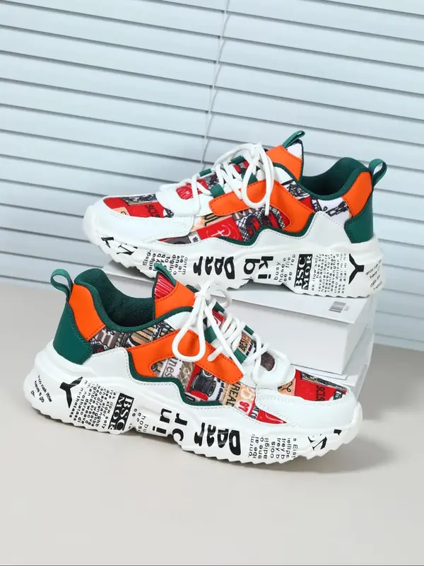 Boho Men's Fashionable Colorblock Letter Print Lace Up Low Top Sneakers, Casual Comfortable Breathable Sports Running Shoes, ...