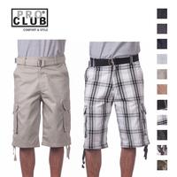 PROCLUB Men's Heavyweight Twill Cargo Shorts PRO CLUB Shorts with Belts 6 Pockets Cargo Shorts Plain Stripes Checker Camo Cas...
