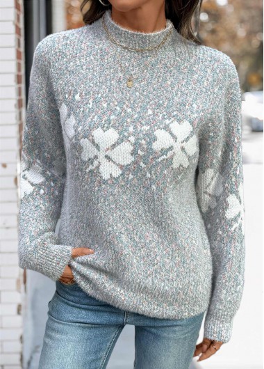 Modlily Dark Grey Tummy Coverage Plants Print Long Sleeve Sweater - L