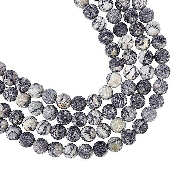 Round Frosted Natural Black Silk Stone/Netstone Bead Strands