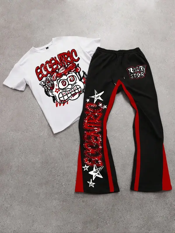 Two-piece Set Men's Figure Graphic Tee & Colorblock Drawstring Waist Flare Leg Sweatpants, Regular Fit Round Neck Short Sleev...