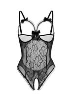 Women's Bow Decor Sheer Floral Lace Teddy Bodysuit, Adjustable Strap Cut Out Open Crotch Design Bodysuit, Soft Comfy Breatha...