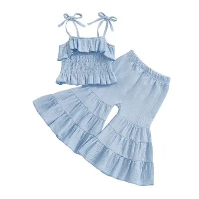 Toddler Girl Summer Set Sleeveless Smocked Lacing Strap Camisole Elastic Waistband Flare Pants 2-Pieces Solid Color Outfits