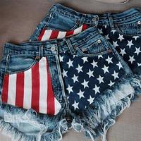 Women's Denim Shorts, American Flag Tassel XINGX Printed Denim Women's Shorts