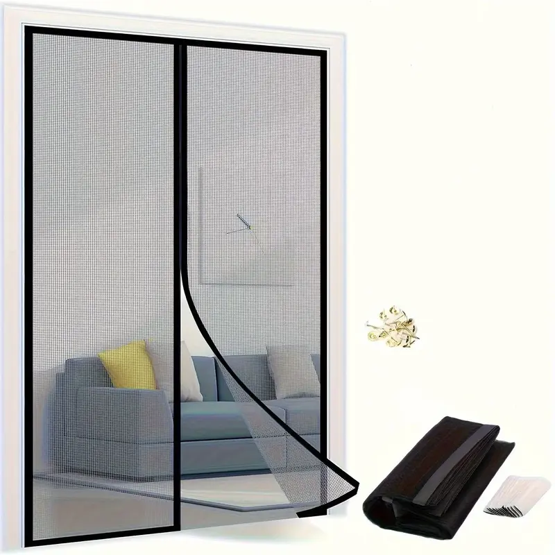 Magnetic Mesh Curtain, 1 Set Modern Solid Color Magnetic Mesh Curtain with Full Frame Hook Ring, Durable Polyester Curtain fo...