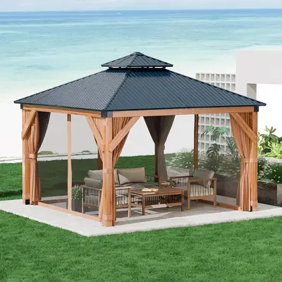 Garvee 10x10Ft Wooden Hardtop Gazebo, Double Metal Roof, Permanent Pavilion with Curtains & Netting, Heavy Duty Gazebo with 4...