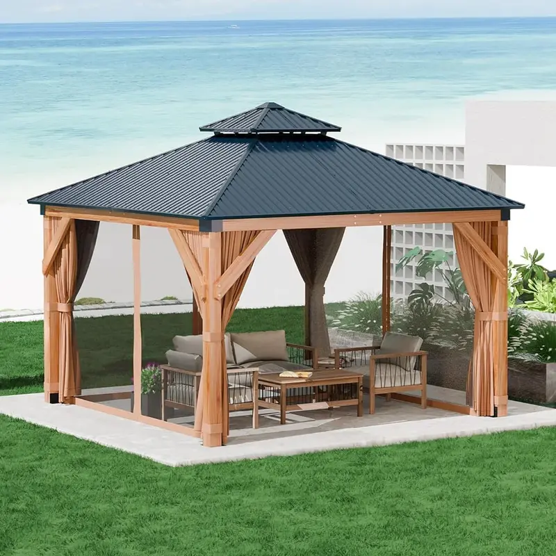 Garvee 10x10Ft Wooden Hardtop Gazebo, Double Metal Roof, Permanent Pavilion with Curtains & Netting, Heavy Duty Gazebo with 4...