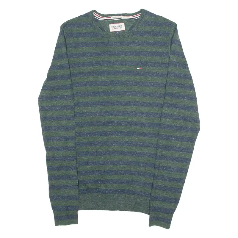 TOMMY HILFIGER Mens Patterned Jumper Green Striped Tight Knit S