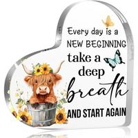 Highland Cow Pattern Acrylic Ornament, 1 Count Flower & Cow Pattern Desktop Signage Decoration, Inspirational Gift for Women ...