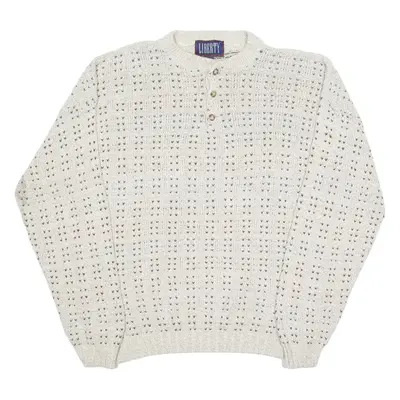 LIBERTY Mens Patterned Jumper Cream Spotted Button Neck Open Knit XL