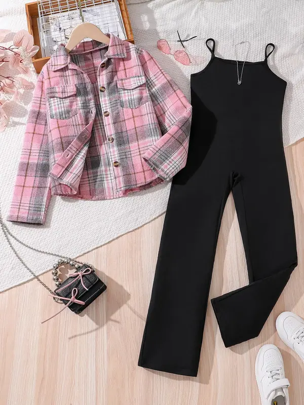 Two-piece Set Girl's Plaid Print Button Front Pocket Shirt Jacket & Jumpsuit Set, Casual Long Sleeve Collared Top & Jumpsuit ...