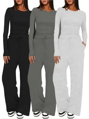 Two-piece Set Women's Solid Ruched Tee & Drawstring Pocket Pants Lounge Set, Casual Long Sleeve T-shirt & Elastic Waist Trous...