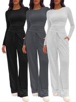 Two-piece Set Women's Solid Ruched Tee & Drawstring Pocket Pants Pajamas Set, Casual Long Sleeve T-shirt & Elastic Waist Trou...