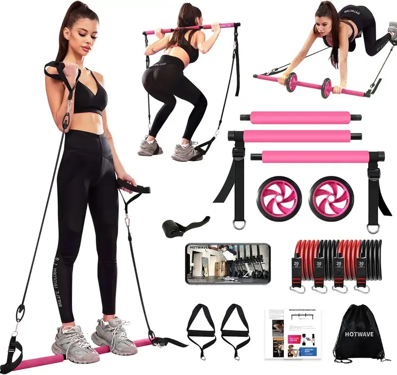 HOTWAVE Pilates Barbell Set with 4 Resistance Bands for Legs, Buttocks, Waist, Arms, Squats, Pilates Fitness Equipment for Ho...