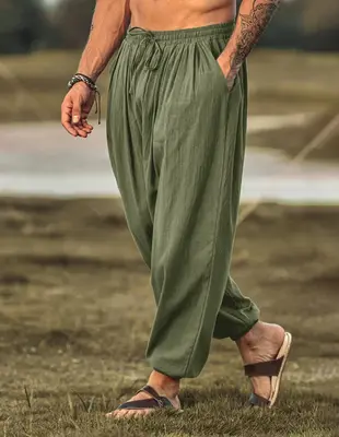 Loose Fit Linen Style Hippie Pants (US Only), Army Green / S