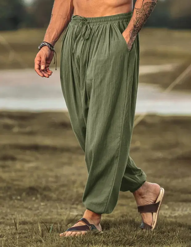 Loose Fit Linen Style Hippie Pants (US Only), Army Green / S