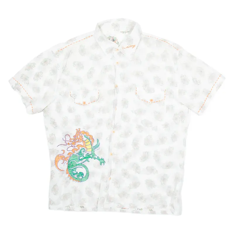 WATTG Mens Hawaiian Shirt White Floral M