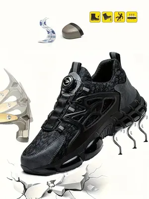 Men's Sporty Lace Up Automatic Buckle Free Safety Shoes, Casual Comfortable Breathable Anti-smash Anti-puncture Work Shoes, F...