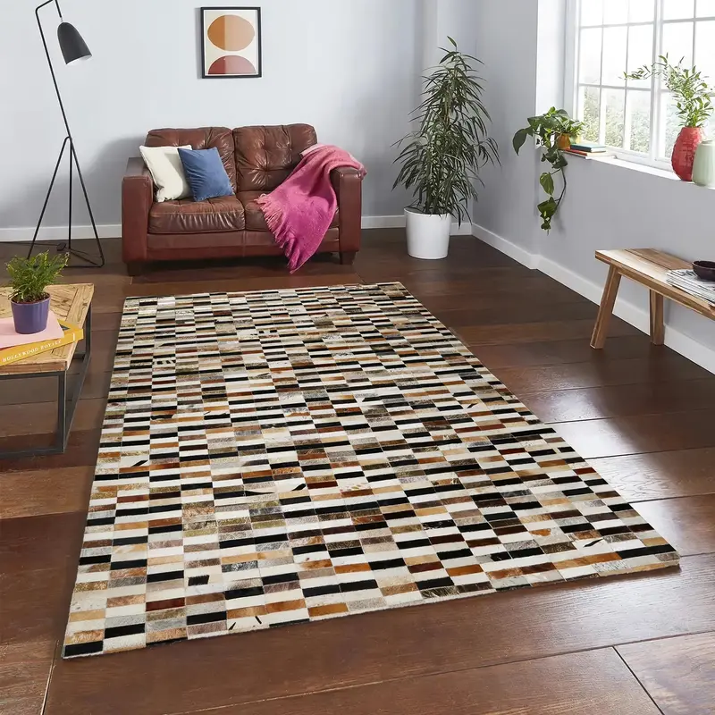 Colorful Patchwork Gold Detailed Cowhide Rug